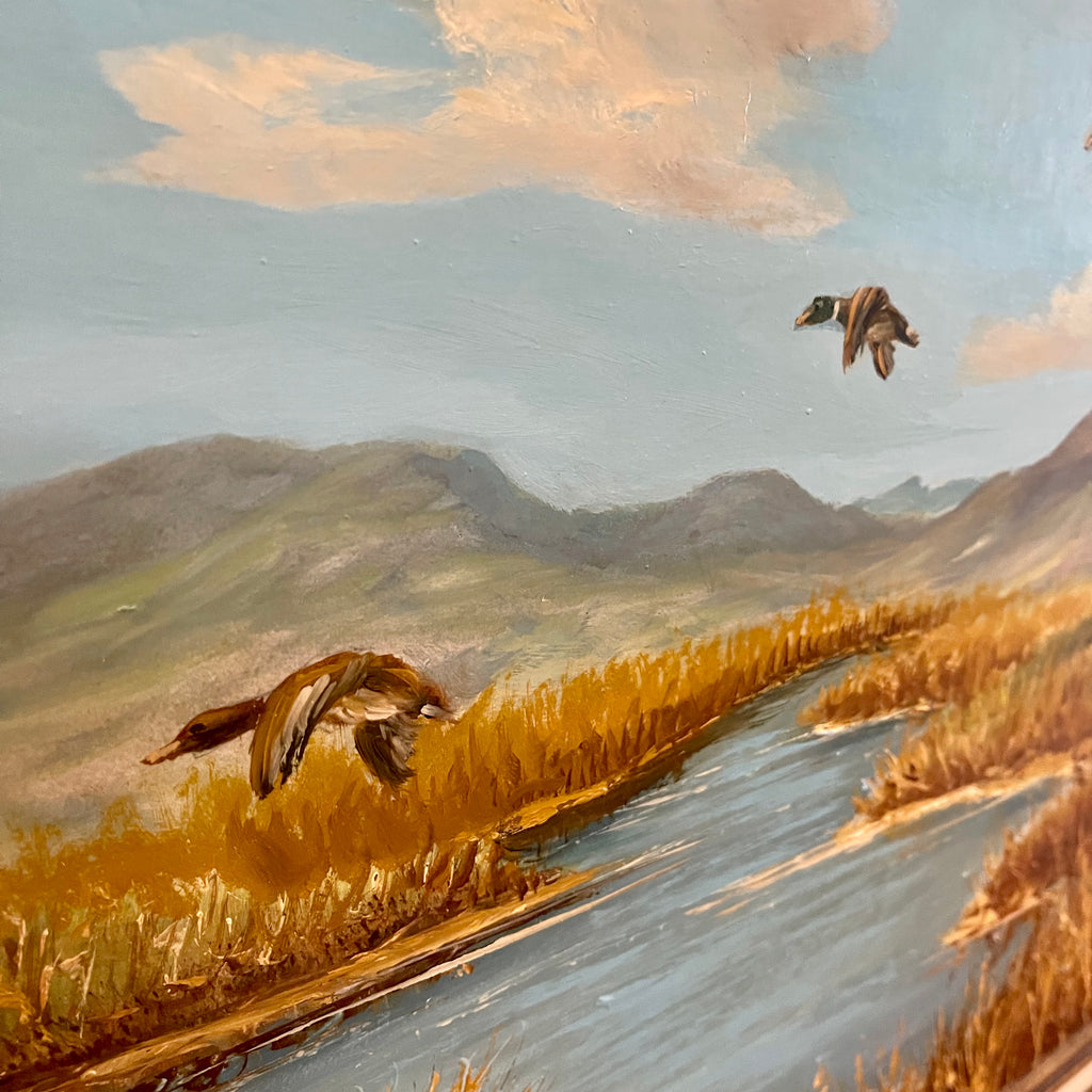 Calgary, Alberta Artist Vintage Wilhelm Magnussen Raade Painting Landing Ducks six ducks landing into a pond 