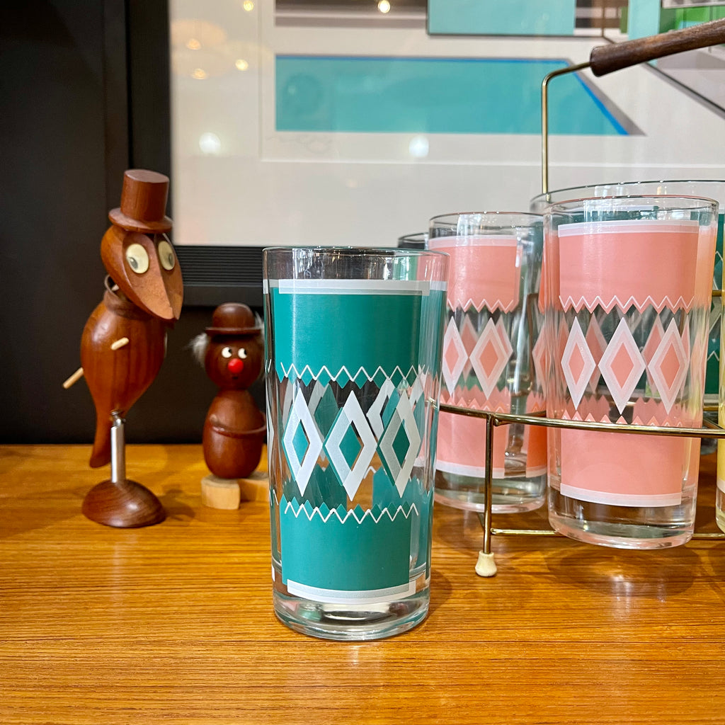 Hazel Atlas Set of 8 Vintage Cocktail “Diamond” Glasses + Ice Bucket Pink Blue Green and Yellow