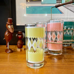 Load image into Gallery viewer, Hazel Atlas Set of 8 Vintage Cocktail “Diamond” Glasses + Ice Bucket Pink Blue Green and Yellow