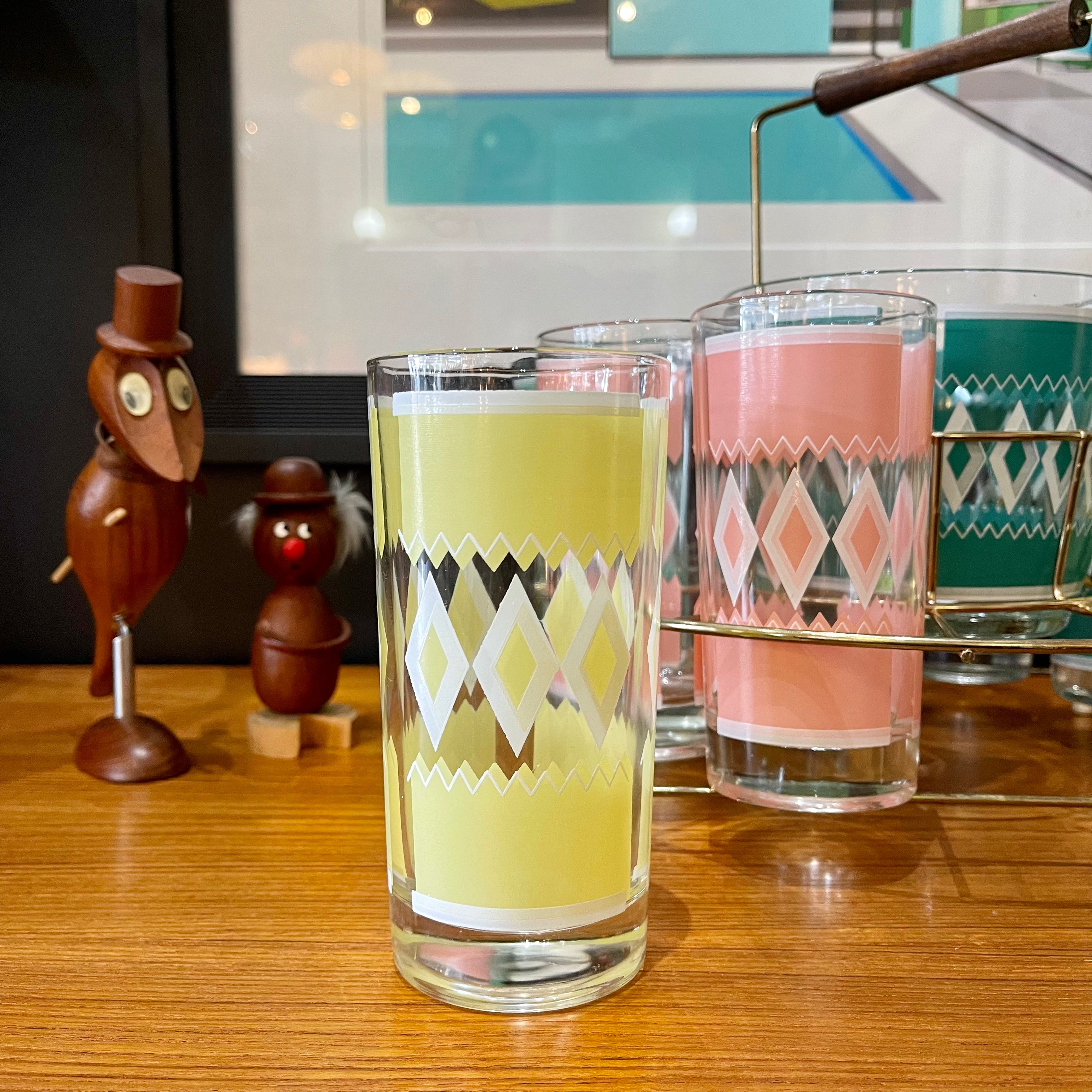 Hazel Atlas Set of 8 Vintage Cocktail “Diamond” Glasses + Ice Bucket Pink Blue Green and Yellow