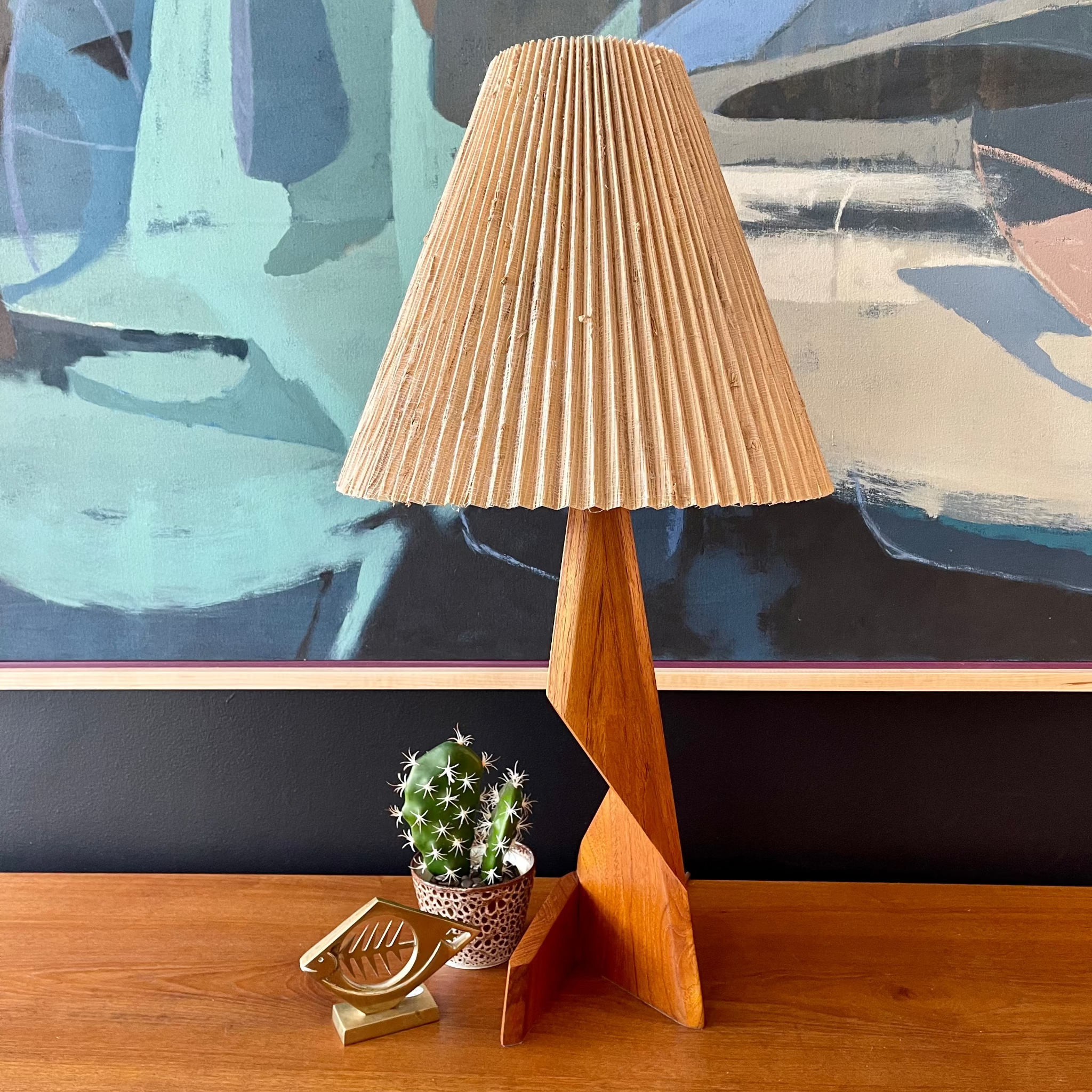 Mid-century modern table lamp with sculptural teak base