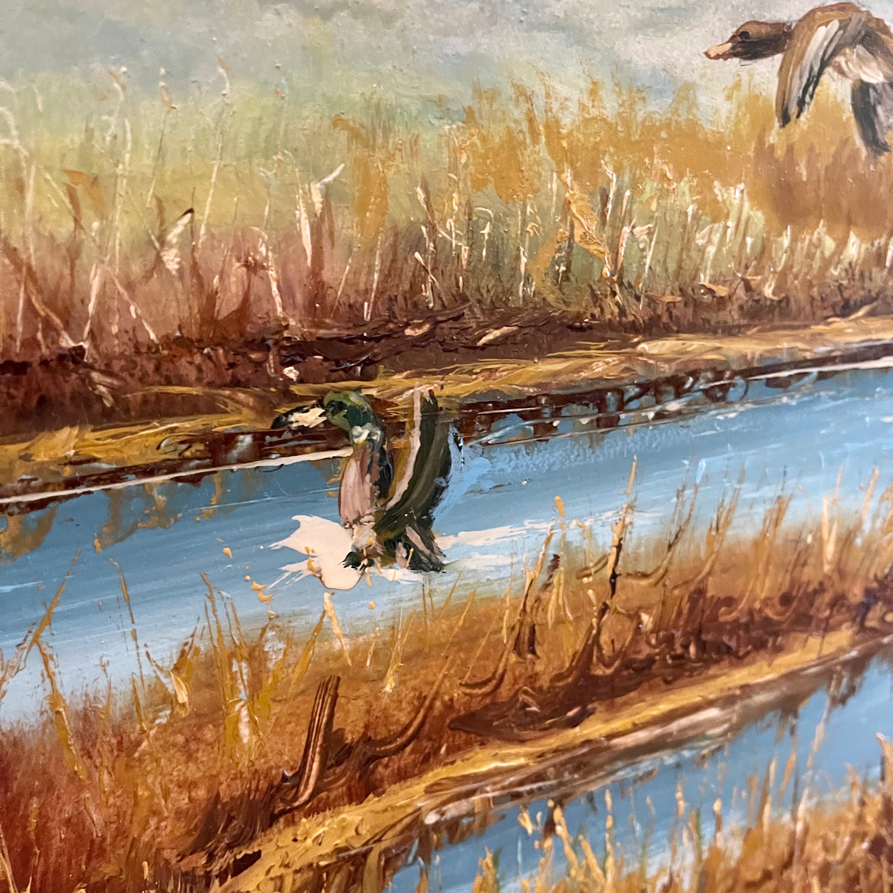 Calgary, Alberta Artist Vintage Wilhelm Magnussen Raade Painting Landing Ducks six ducks landing into a pond 