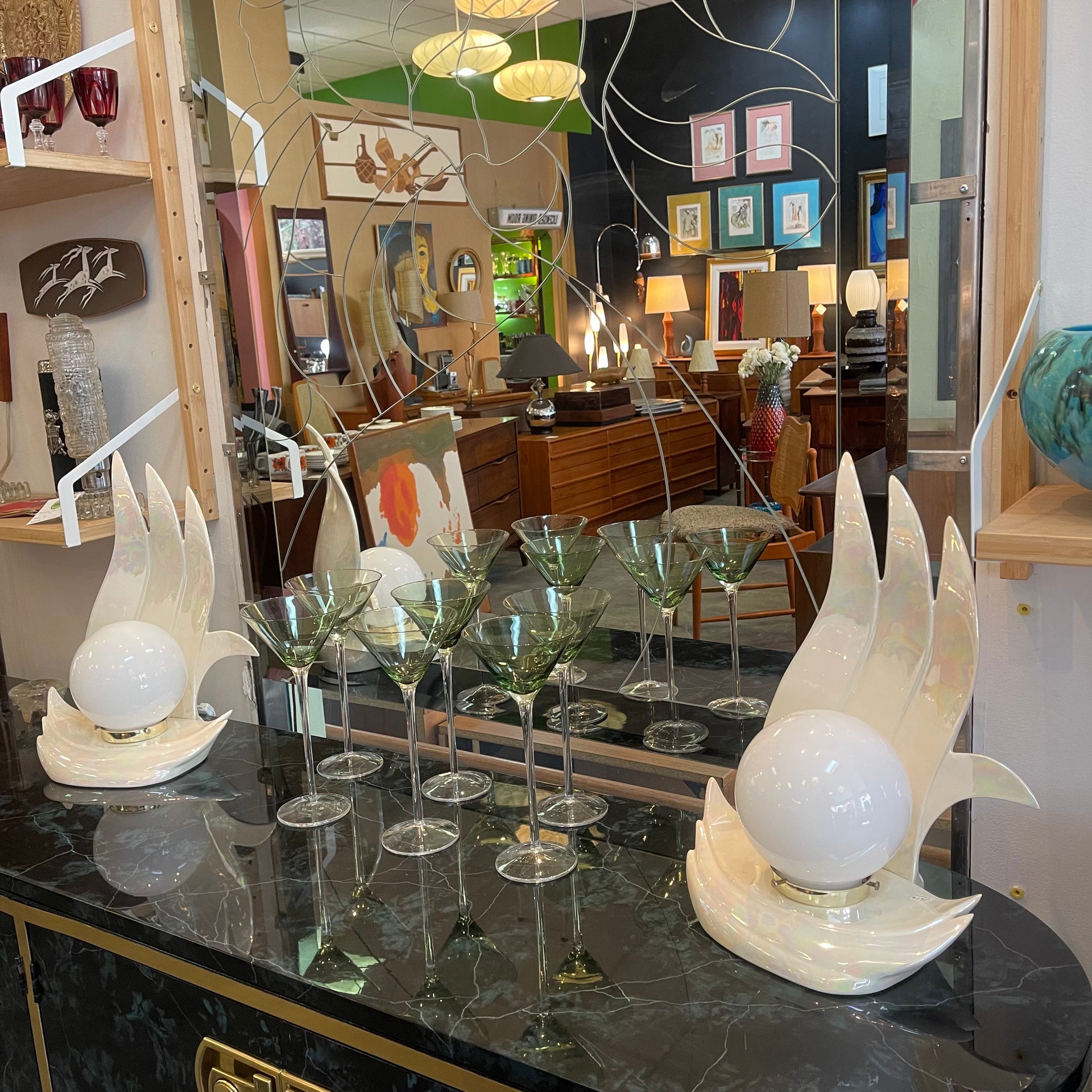 Two Opalescent VITREX Ceramic 80s DECO Table Lamps - Mr. Mansfield