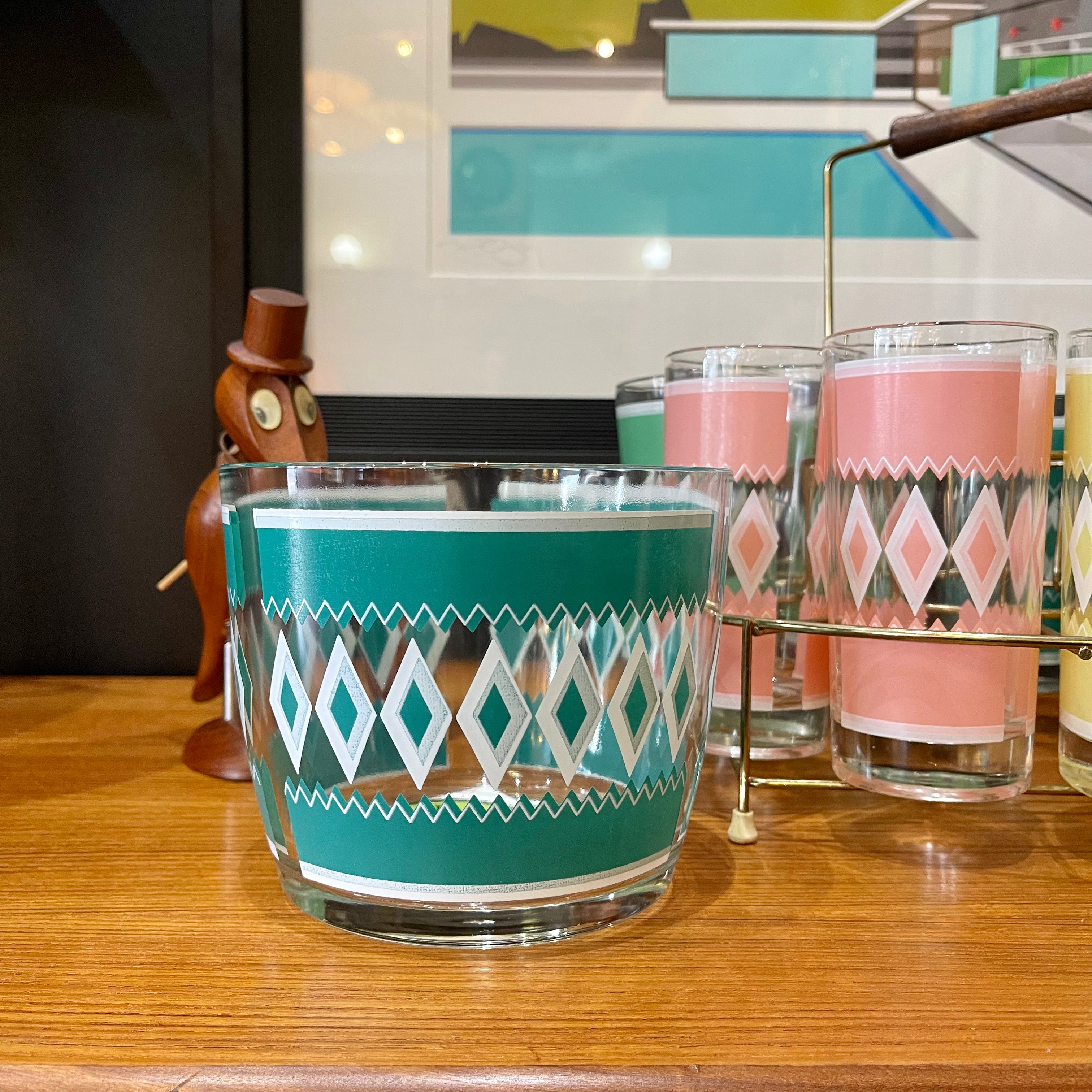 Hazel Atlas Set of 8 Vintage Cocktail “Diamond” Glasses + Ice Bucket Pink Blue Green and Yellow