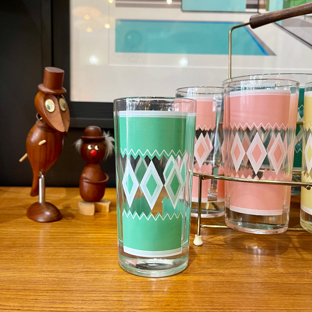 Hazel Atlas Set of 8 Vintage Cocktail “Diamond” Glasses + Ice Bucket Pink Blue Green and Yellow