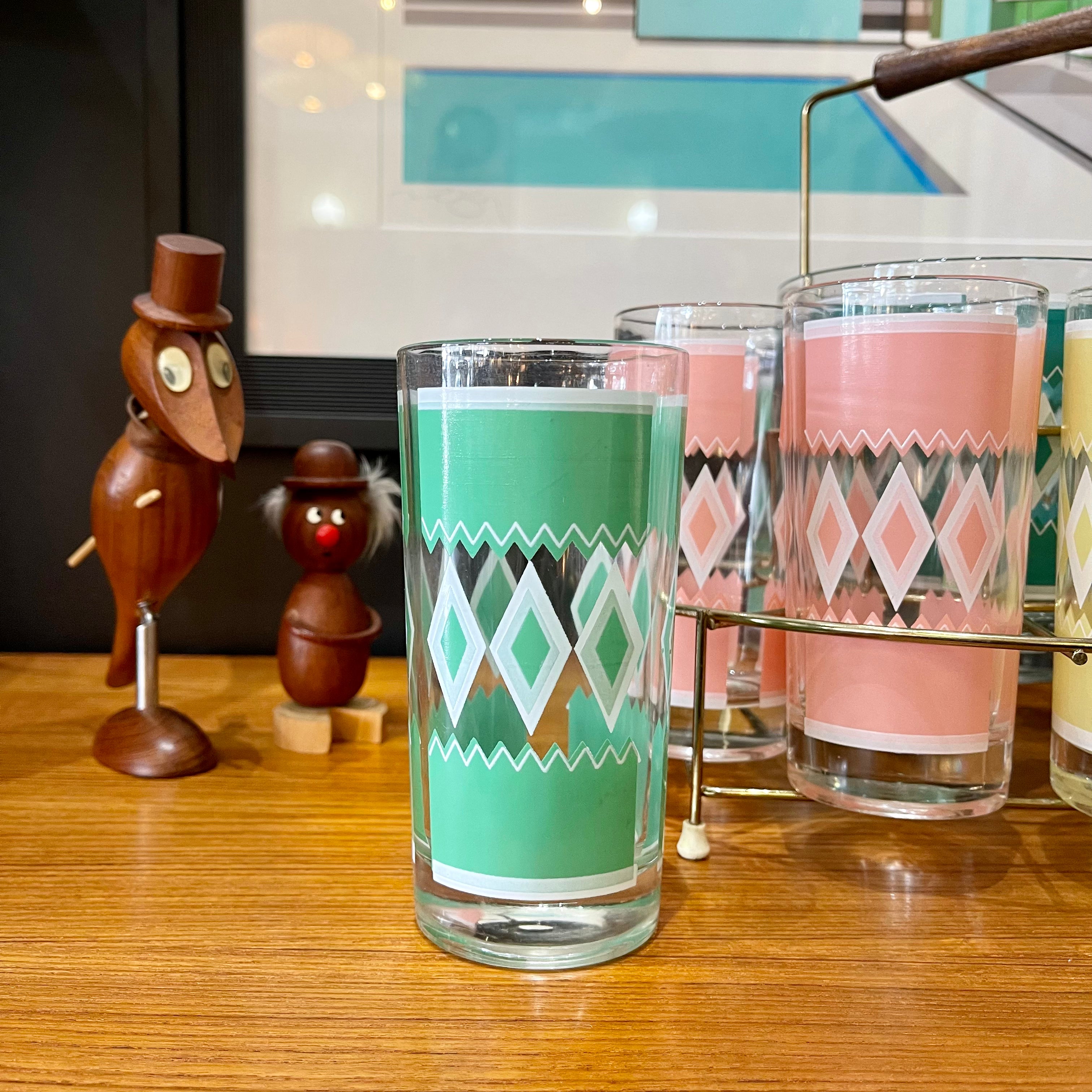 Hazel Atlas Set of 8 Vintage Cocktail “Diamond” Glasses + Ice Bucket Pink Blue Green and Yellow