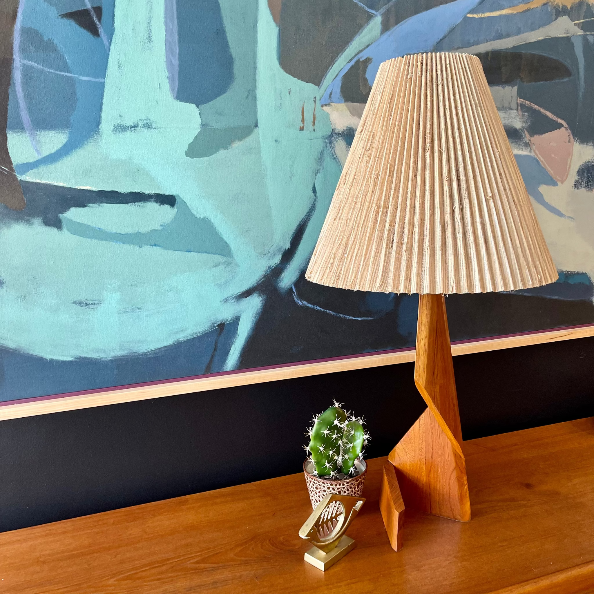 Mid-century modern teak zig-zag table lamp with sculptural wood base