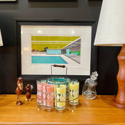 Hazel Atlas Set of 8 Vintage Cocktail “Diamond” Glasses + Ice Bucket Pink Blue Green and Yellow