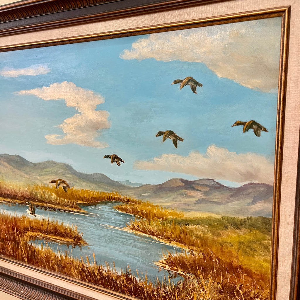 Calgary, Alberta Artist Vintage Wilhelm Magnussen Raade Painting Landing Ducks six ducks landing into a pond 