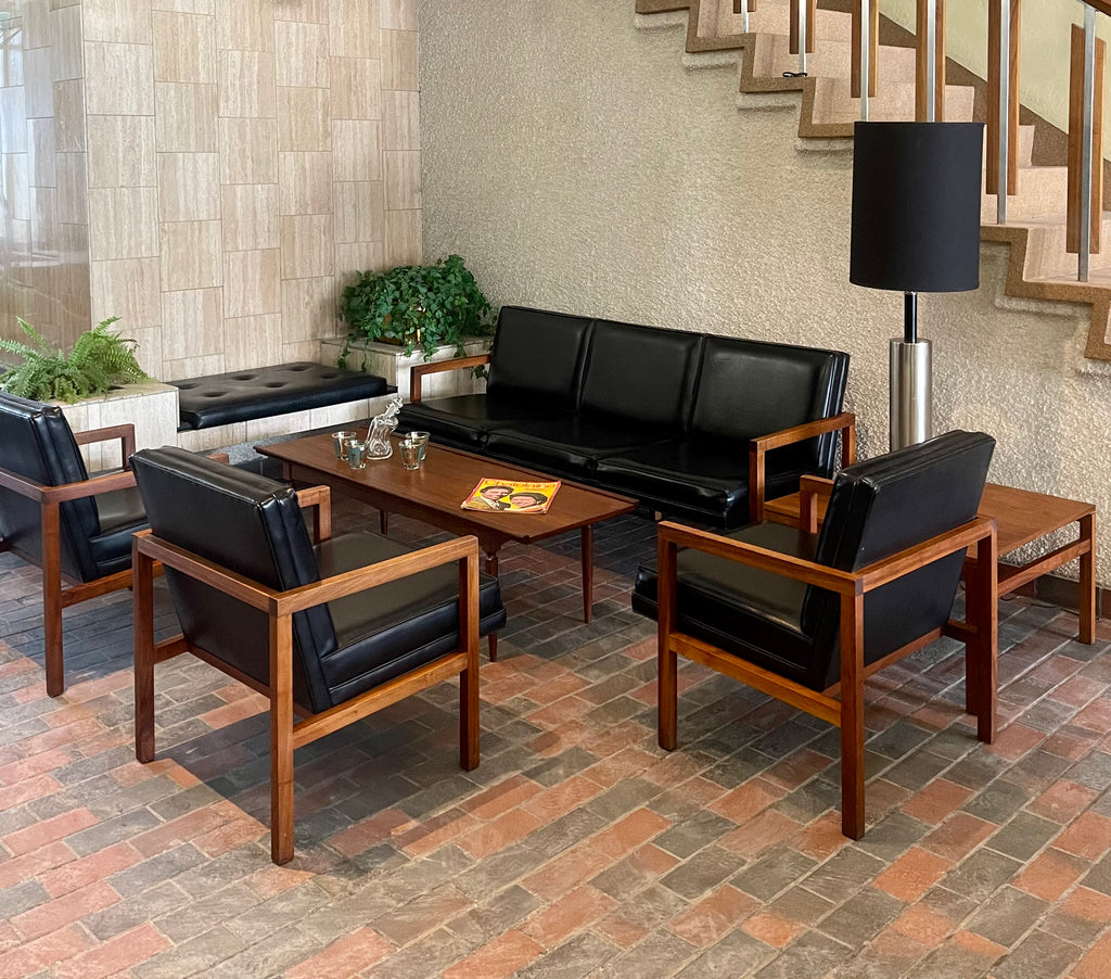 Vintage Mid-century Modern Office Furniture Set. One teak side table, three chairs one sofa in black vinyl and teak frames.  