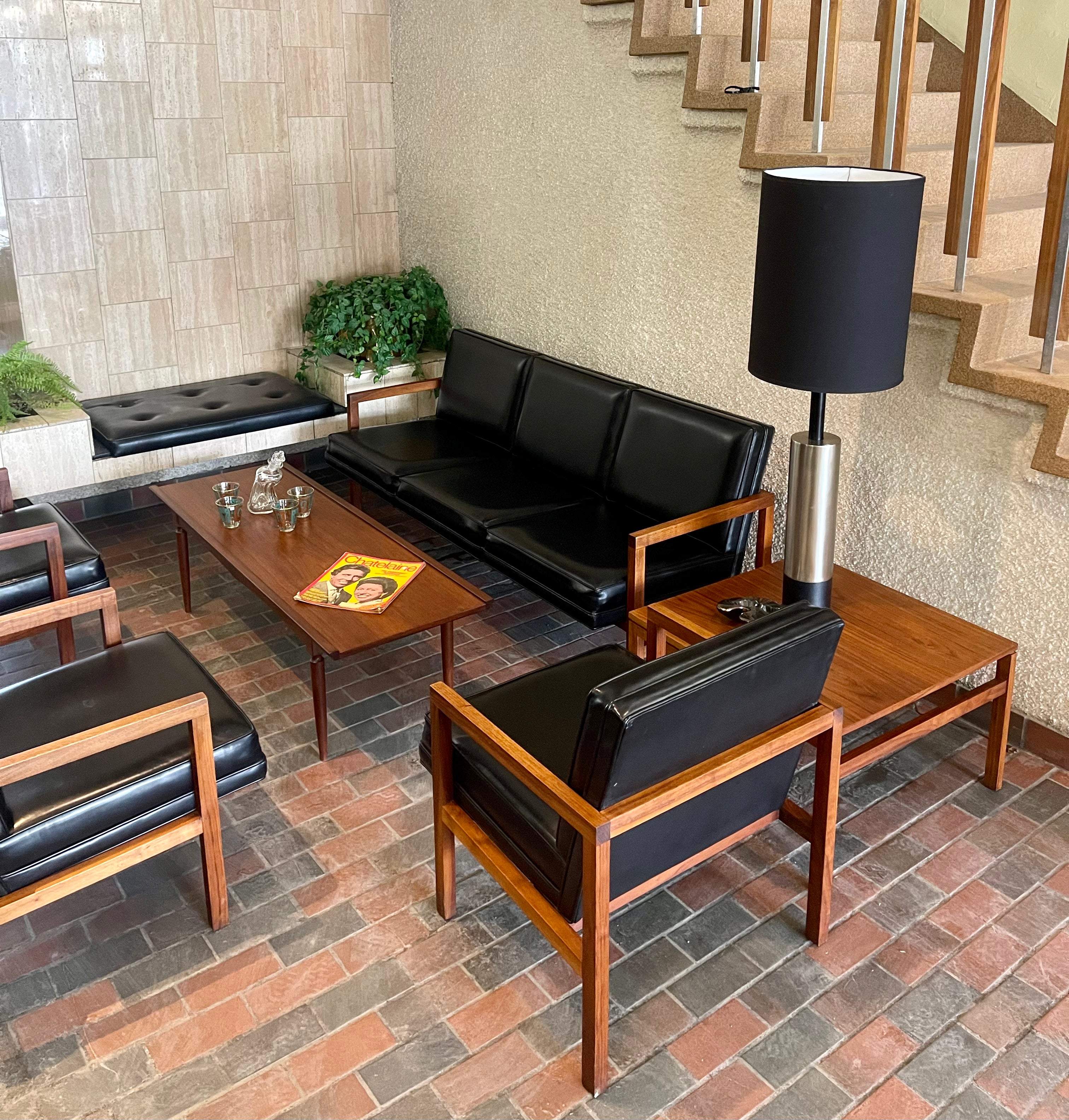 Vintage Mid-century Modern Office Furniture Set. One teak side table, three chairs one sofa in black vinyl and teak frames.  