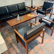 Vintage Mid-century Modern Office Furniture Set. One teak side table, three chairs one sofa in black vinyl and teak frames.  