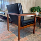 Vintage Mid-century Modern Office Furniture Set. One teak side table, three chairs one sofa in black vinyl and teak frames.  
