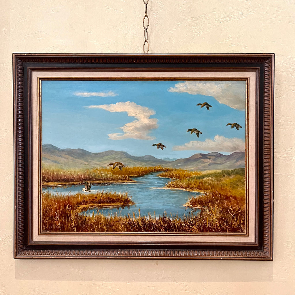 Calgary, Alberta Artist Vintage Wilhelm Magnussen Raade Painting Landing Ducks six ducks landing into a pond 