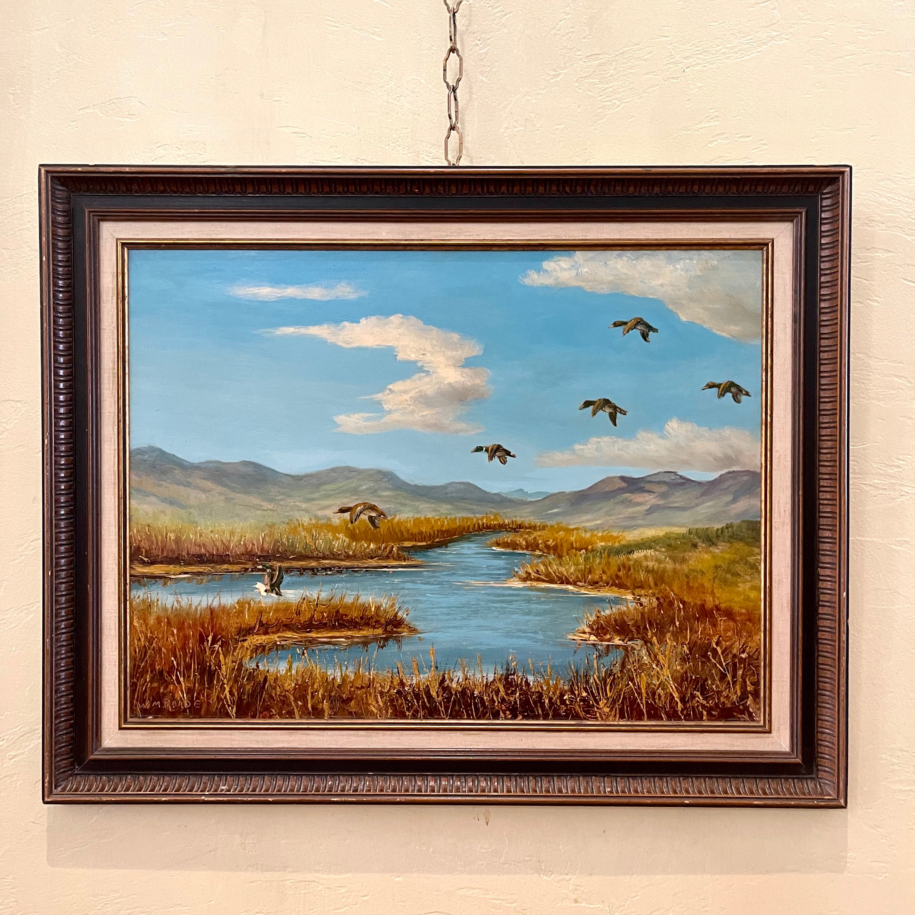 Calgary, Alberta Artist Vintage Wilhelm Magnussen Raade Painting Landing Ducks six ducks landing into a pond 