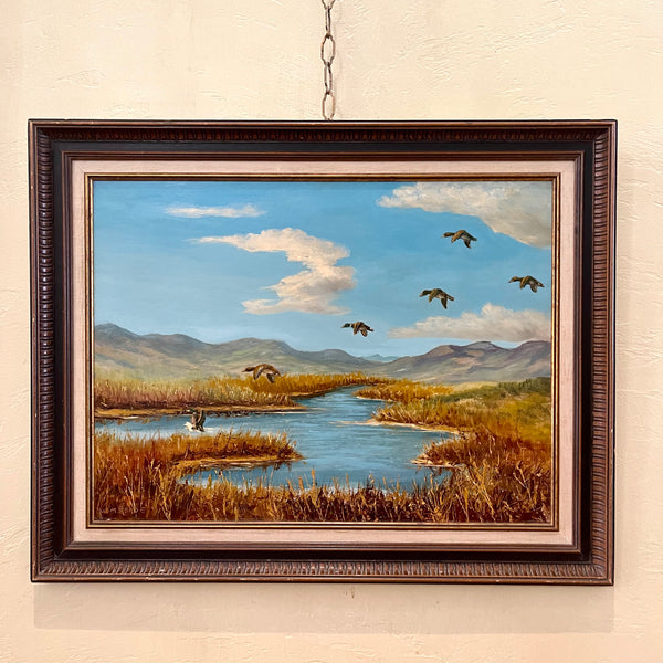 Calgary, Alberta Artist Vintage Wilhelm Magnussen Raade Painting Landing Ducks six ducks landing into a pond 