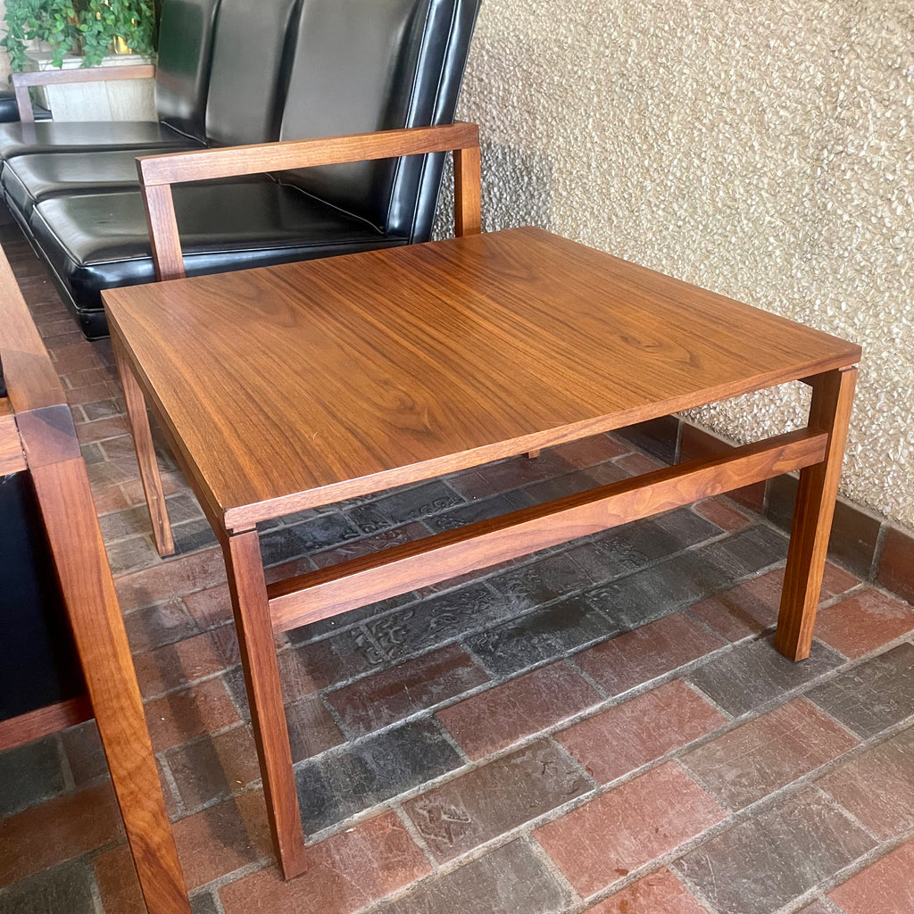Vintage Mid-century Modern Office Furniture Set. One teak side table, three chairs one sofa in black vinyl and teak frames.  