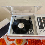 Load image into Gallery viewer, White and aluminum Space Age Hi-Fi Studio 550 Alltransistor Made in Germany “Troika Kub” speakers, base box, turntable and radio. Mr. Mansfield Vintage  
