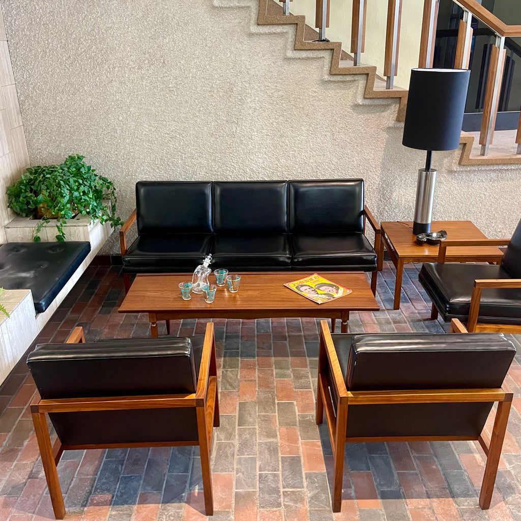 Vintage Mid-century Modern Office Furniture Set. One teak side table, three chairs one sofa in black vinyl and teak frames.  