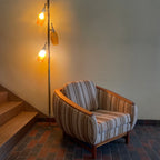 Vintage tension tri-light pole lamp with orange glass shades Mr. Mansfield Vintage