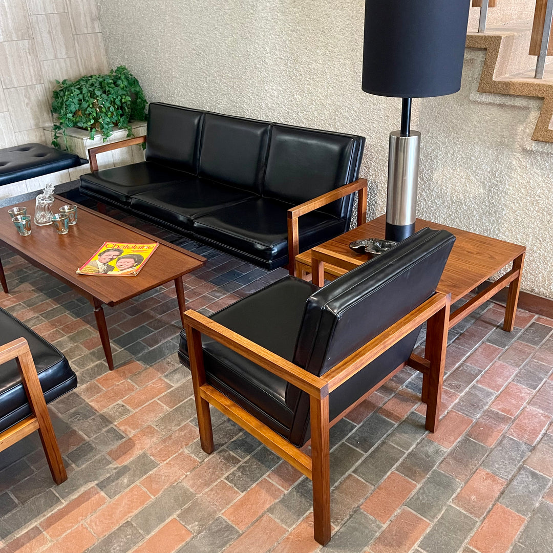 Vintage Mid-century Modern Office Furniture Set. One teak side table, three chairs one sofa in black vinyl and teak frames.  