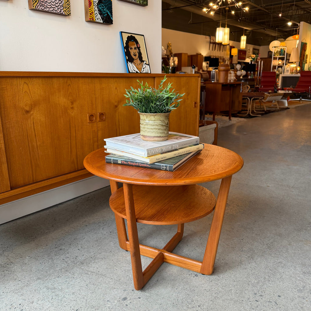Round two-tiered vintage teak side table 