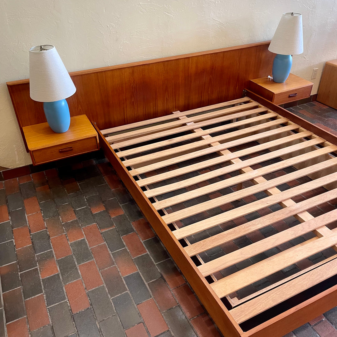 Mid-Century Teak Queen Size Platform Bed + Floating Nightstands Mansfield Vintage