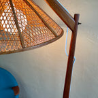 Teak Adjustable Lamp with Woven Wicker Shade