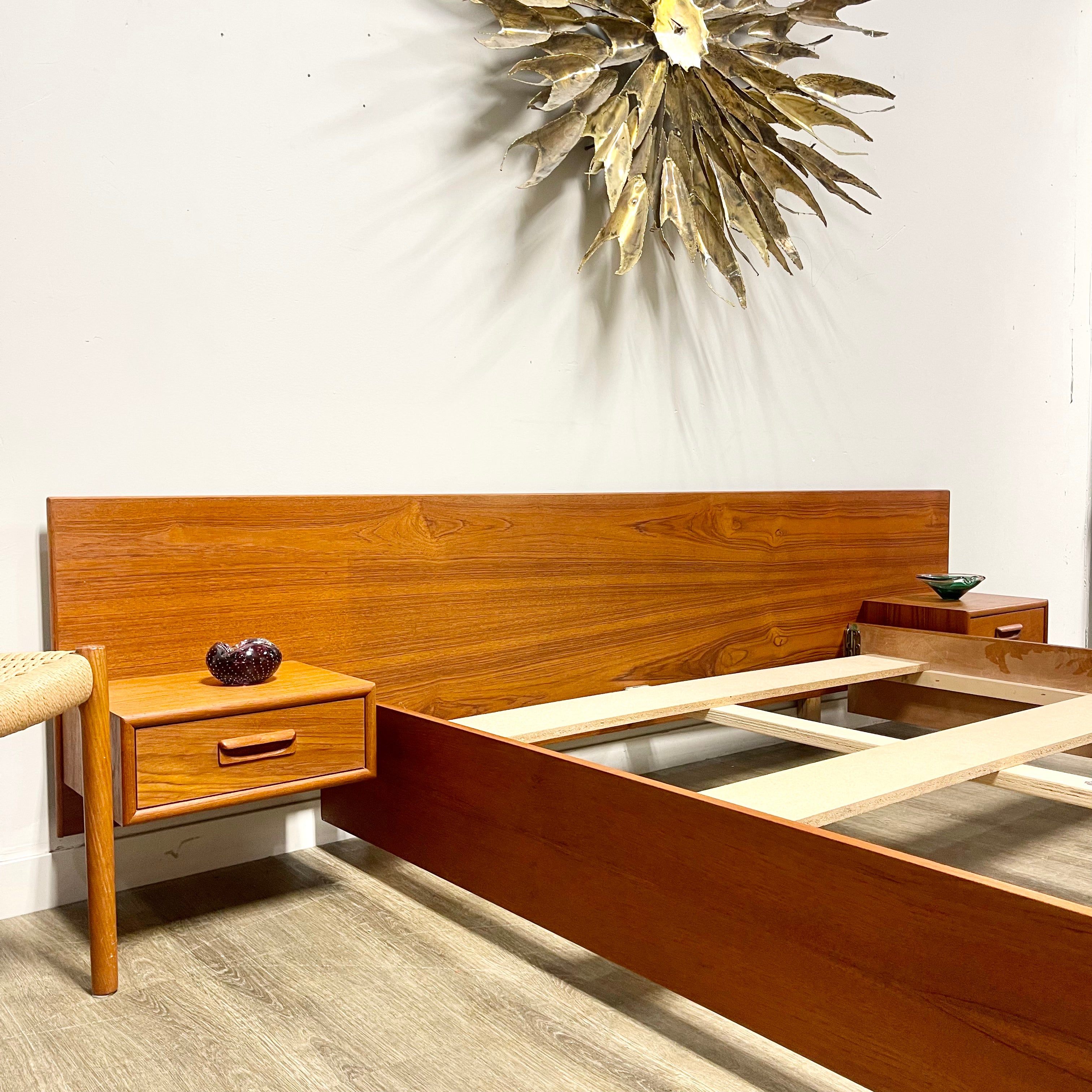 Mid-Century Teak Queen Size Bed + Floating Nightstands - Mr. Mansfield Vintage