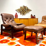 Load image into Gallery viewer, Cozy Chocolate Brown Leather Recliner + Ottoman Mr. Mansfield Vintage