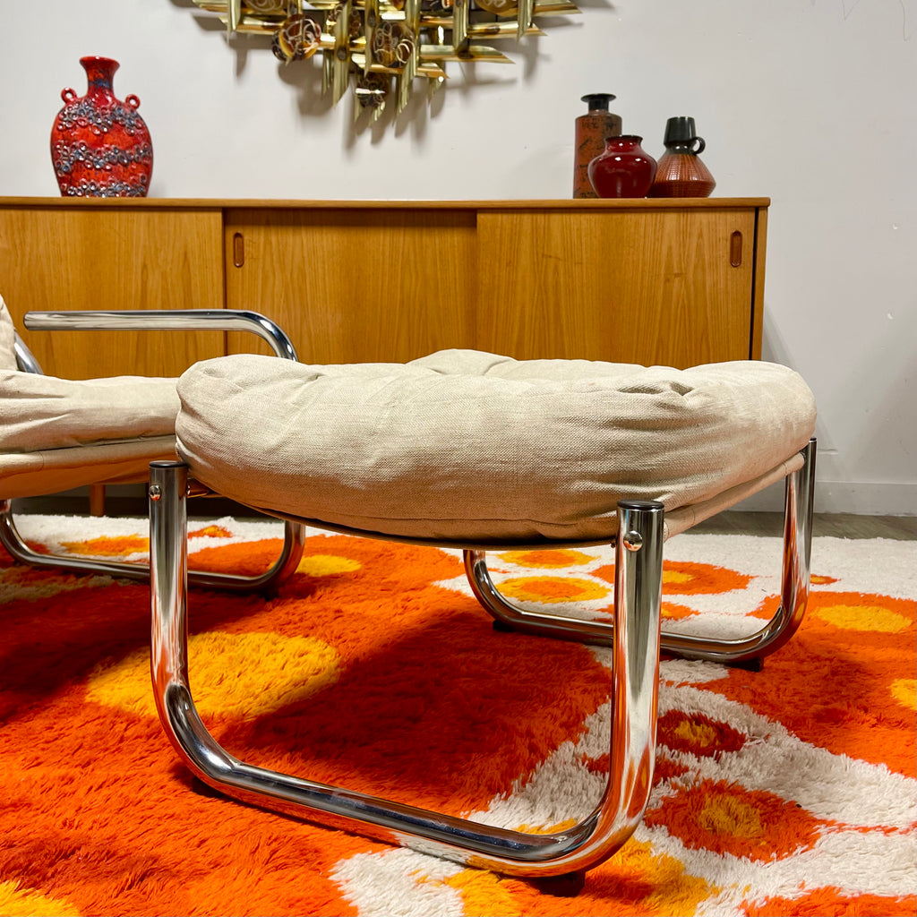 Overman Tubular Chrome  Canvas Chair + Ottoman Mr. Mansfield Vintage