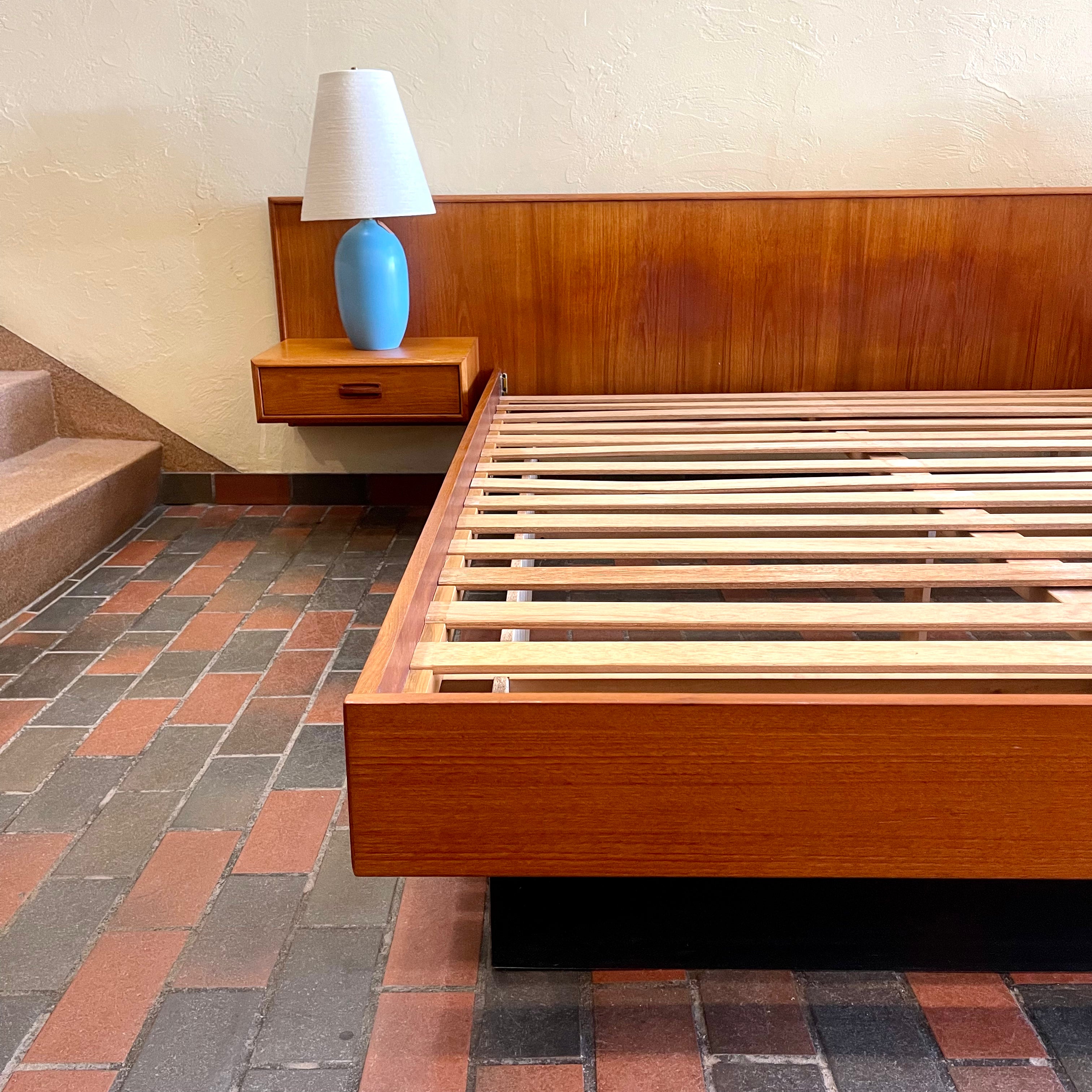 Mid-Century Teak Queen Size Platform Bed + Floating Nightstands Mansfield Vintage