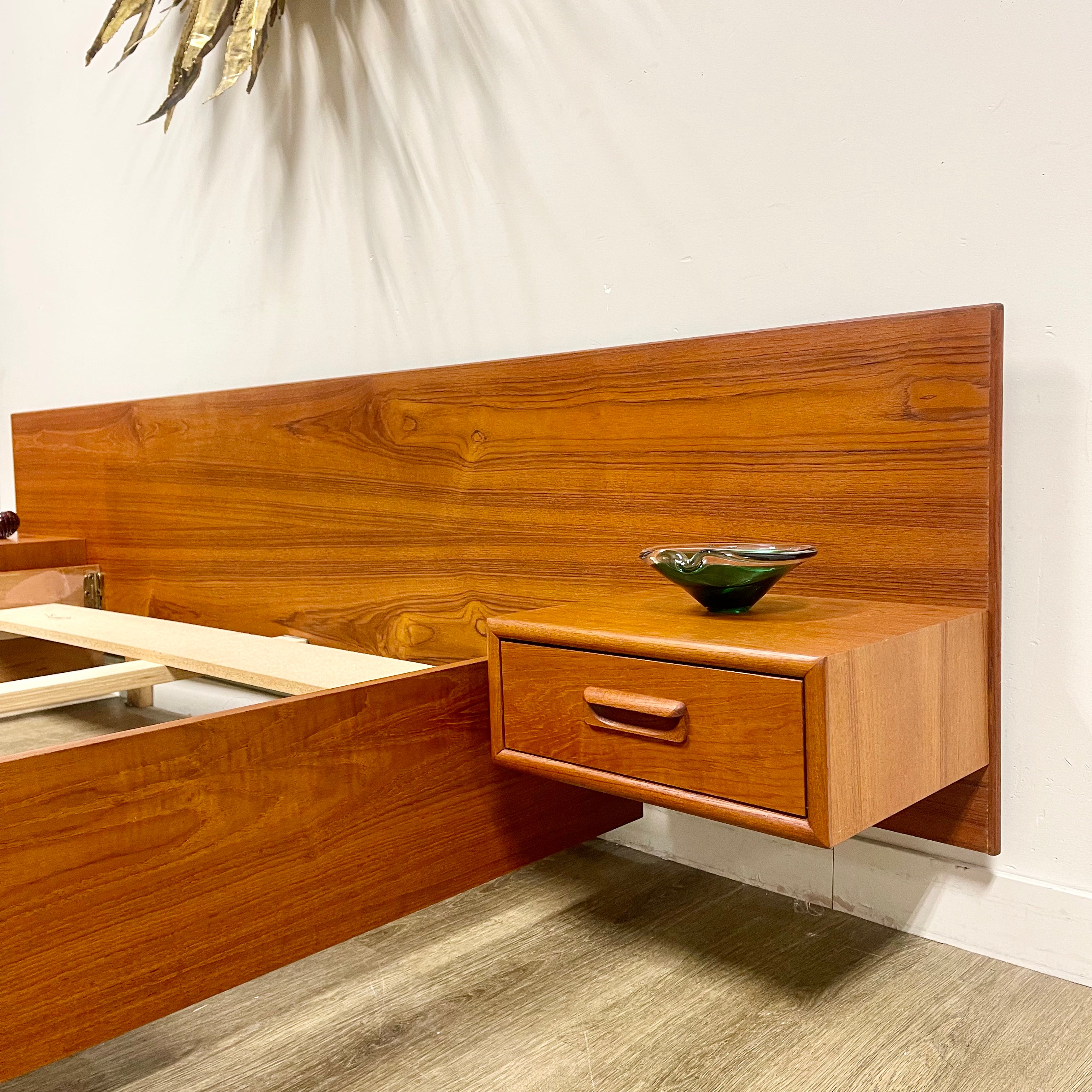 Mid-Century Teak Queen Size Bed + Floating Nightstands - Mr. Mansfield Vintage