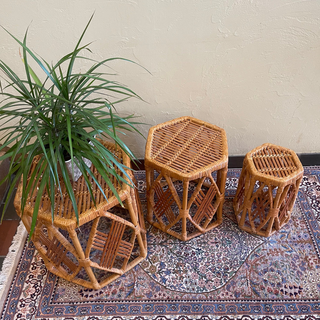 Three Vintage Wicker Nesting Tables