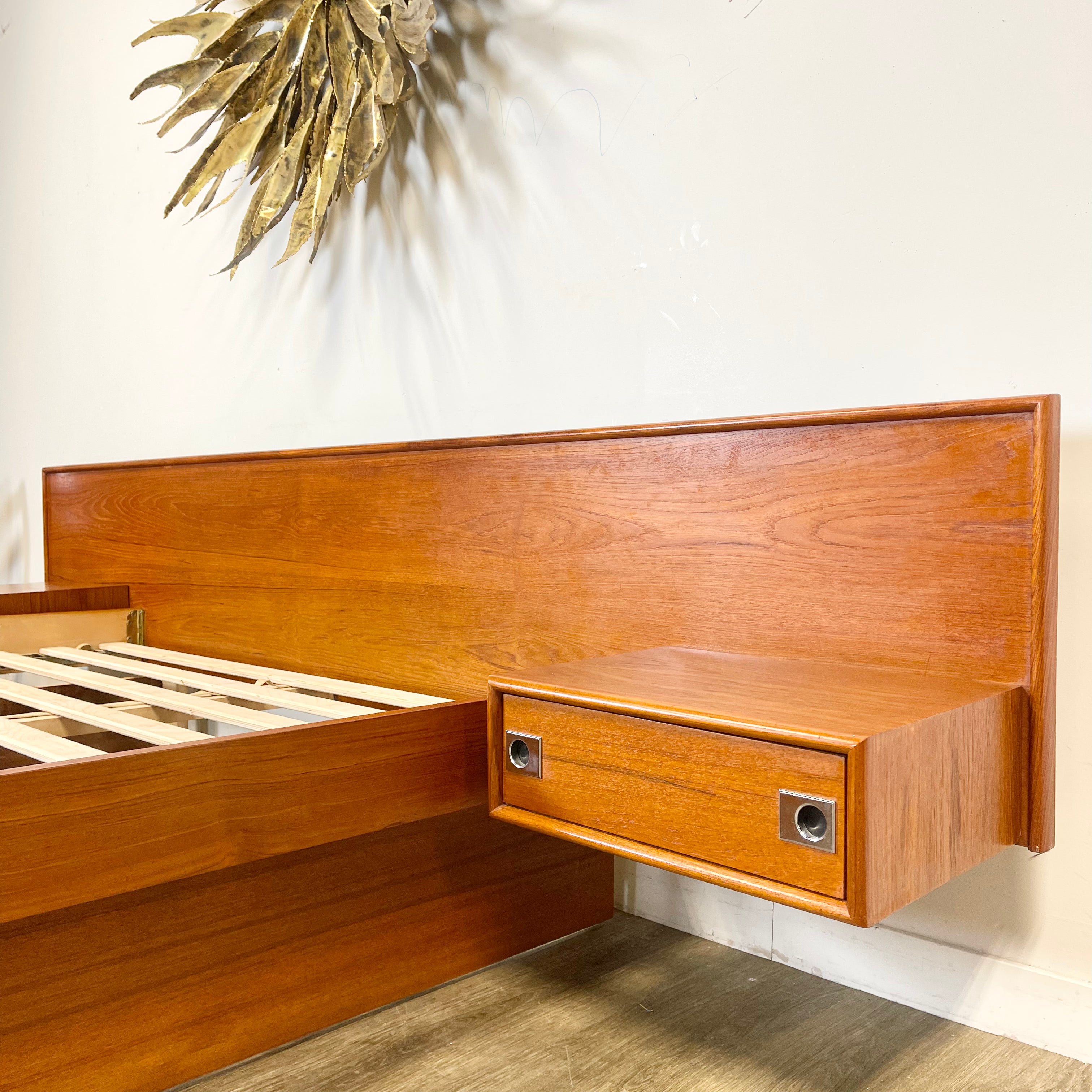 Midcentury Teak Queen Size Platform Bed + Floating Nightstands - Mr. Mansfield Vintage