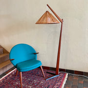 Teak Adjustable Lamp with Woven Wicker Shade