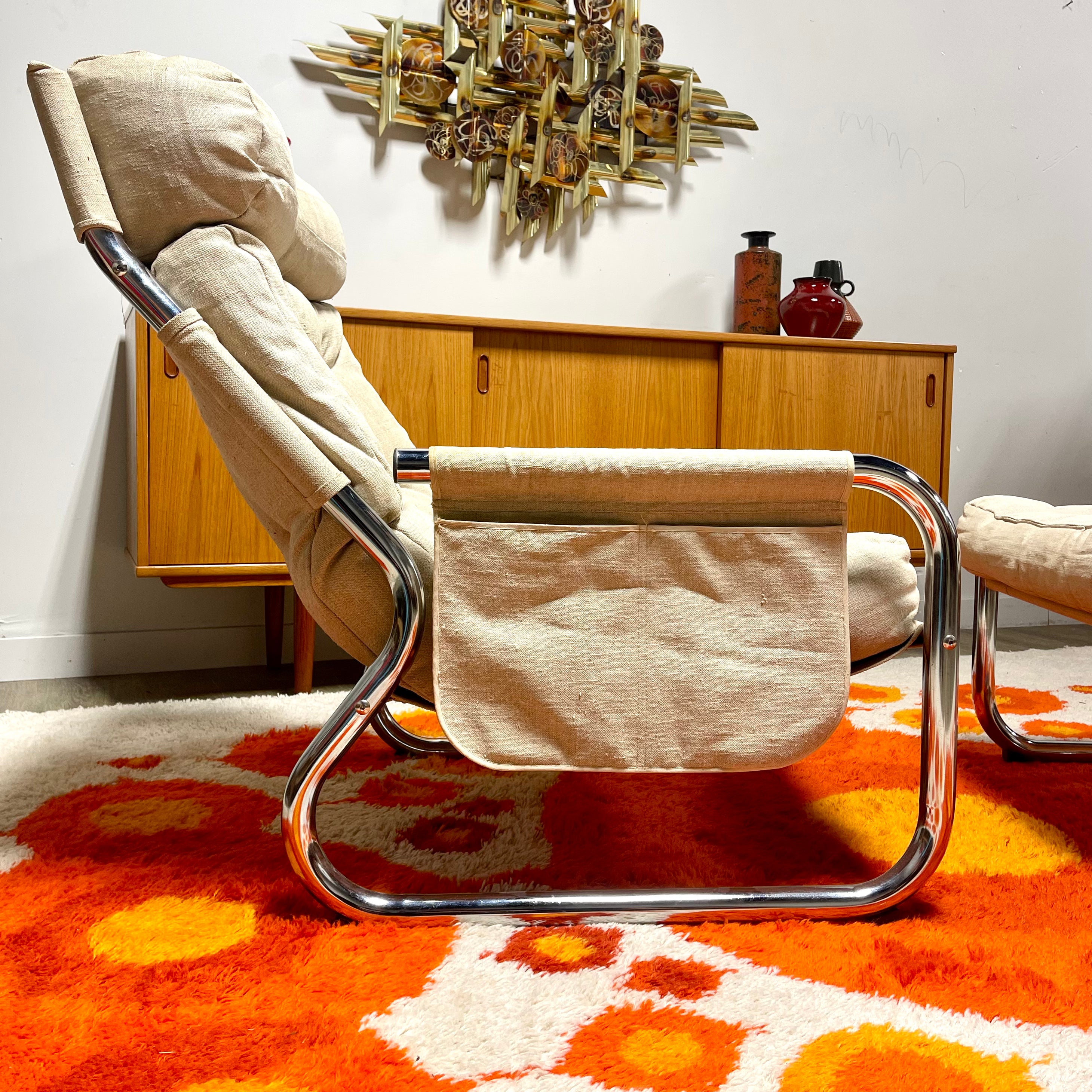 Overman Tubular Chrome  Canvas Chair + Ottoman Mr. Mansfield Vintage