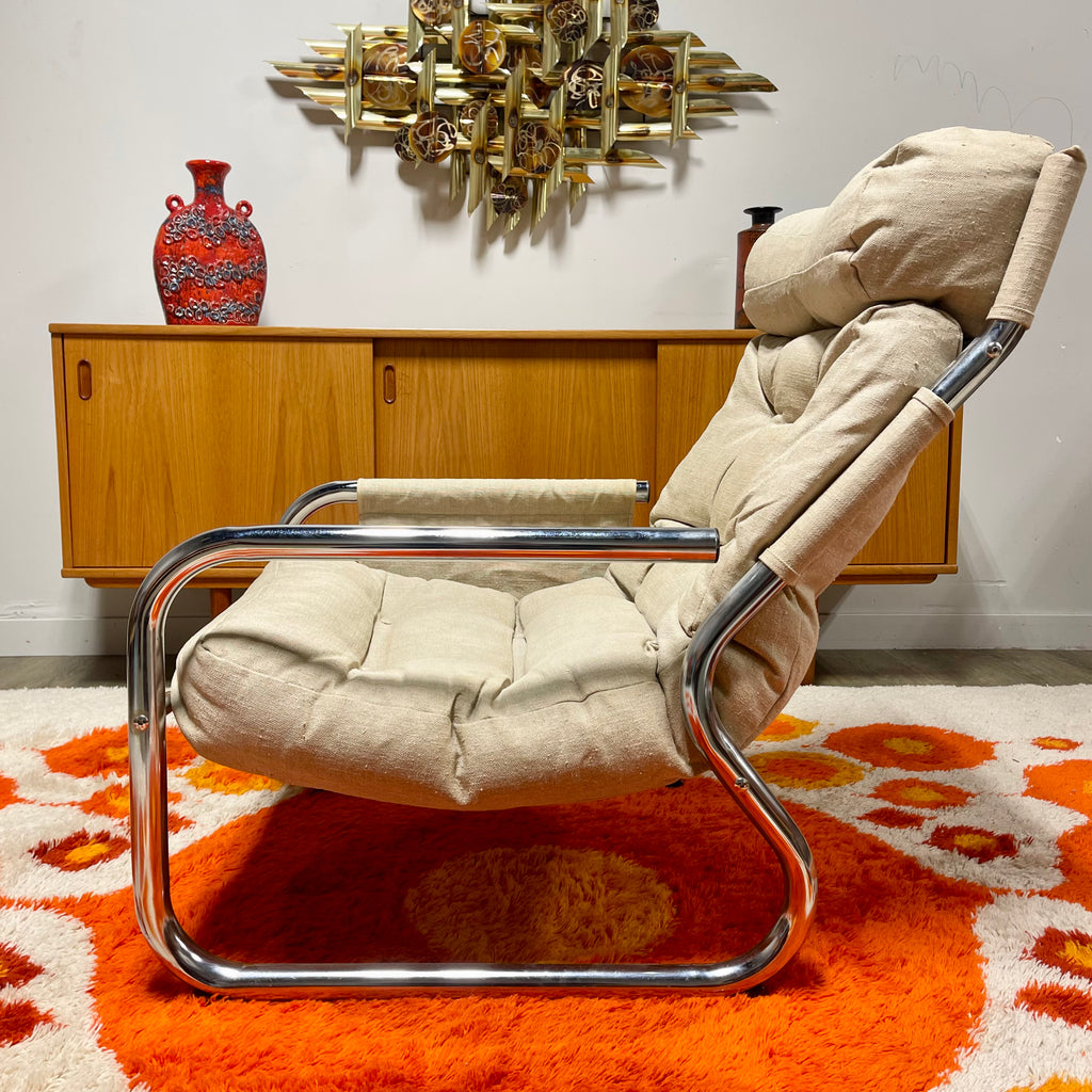 Overman Tubular Chrome  Canvas Chair + Ottoman Mr. Mansfield Vintage