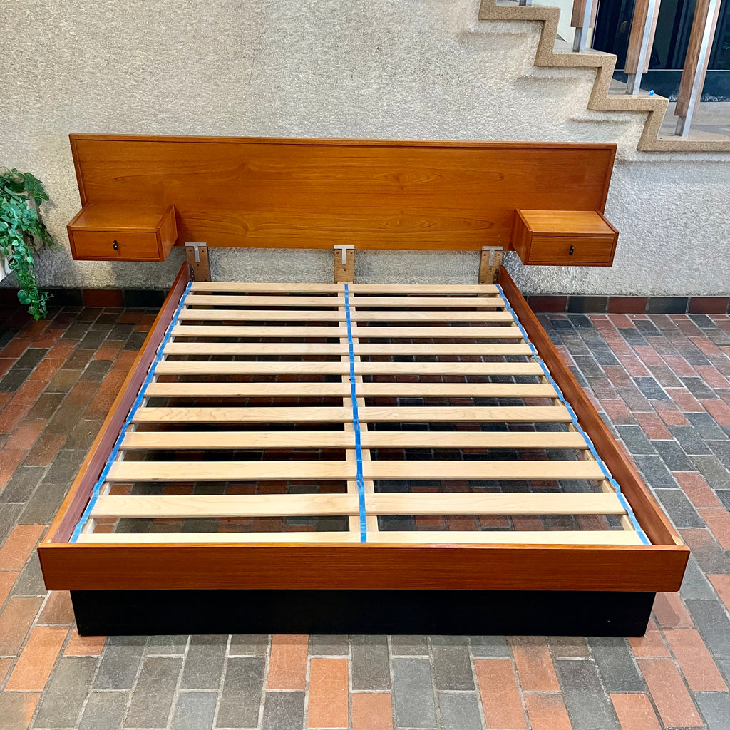 Teak Queen Size Bed with Floating Nightstands - Mr. Mansfield Vintage
