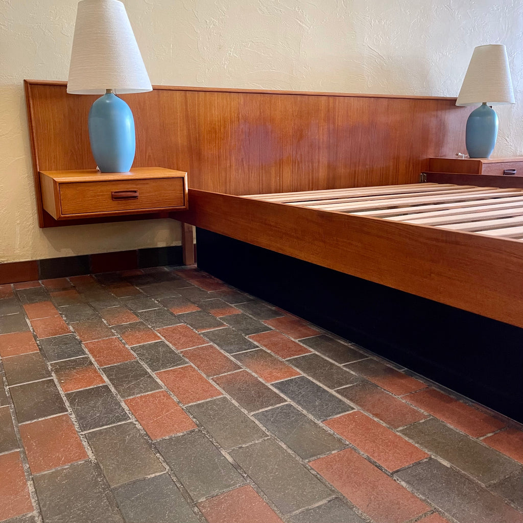 Mid-Century Teak Queen Size Platform Bed + Floating Nightstands Mansfield Vintage