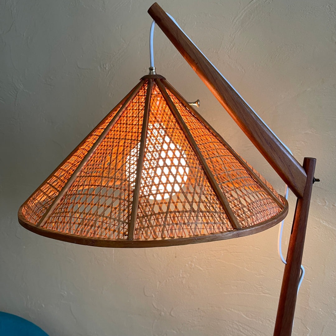 Teak Adjustable Lamp with Woven Wicker Shade