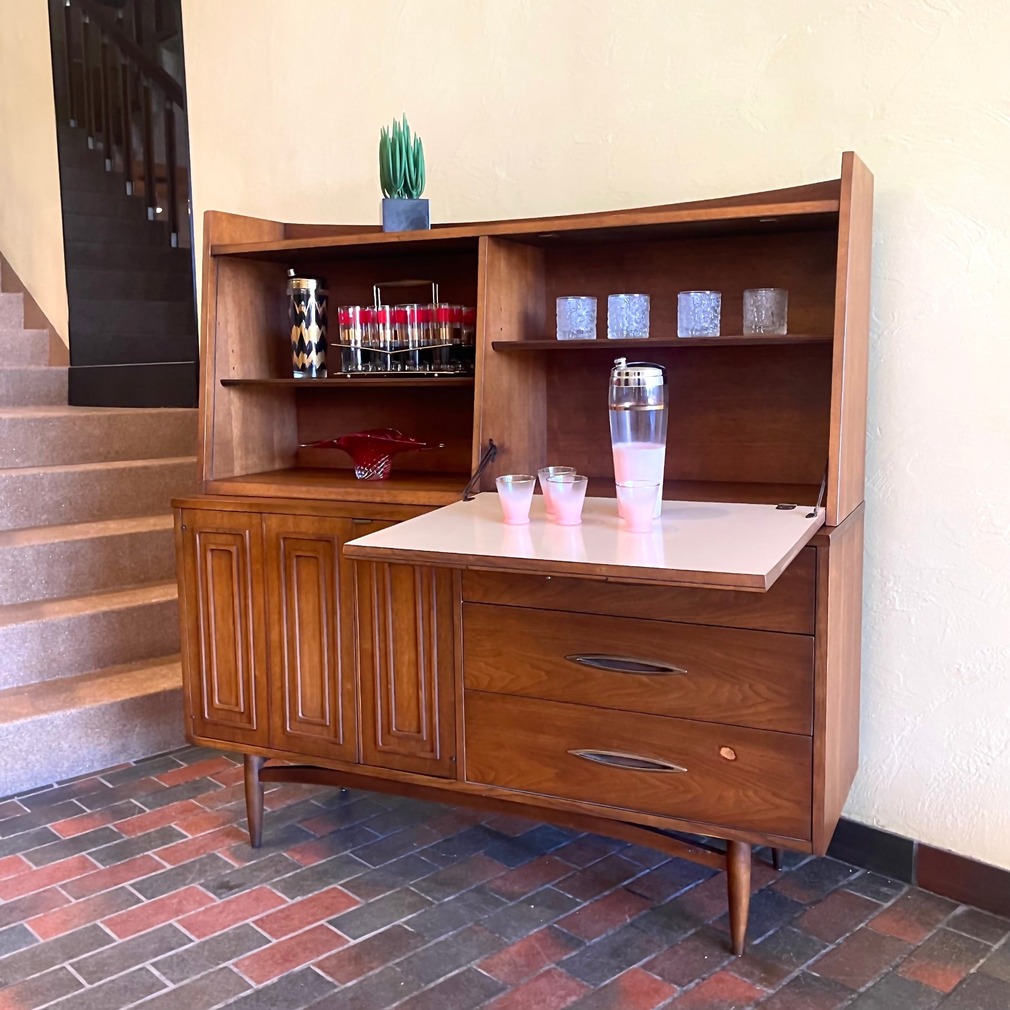 Broyhill Premier Sculptra walnut credenza and hutch from 1966
