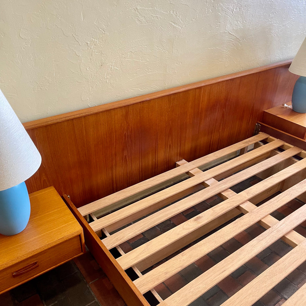 Mid-Century Teak Queen Size Platform Bed + Floating Nightstands Mansfield Vintage