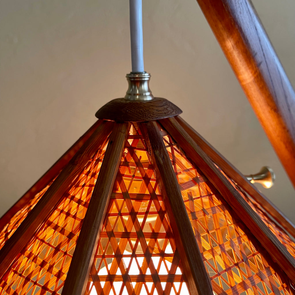 Teak Adjustable Lamp with Woven Wicker Shade