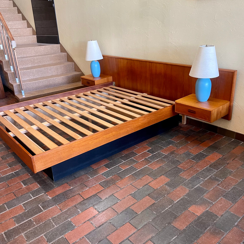 Mid-Century Teak Queen Size Platform Bed + Floating Nightstands Mansfield Vintage