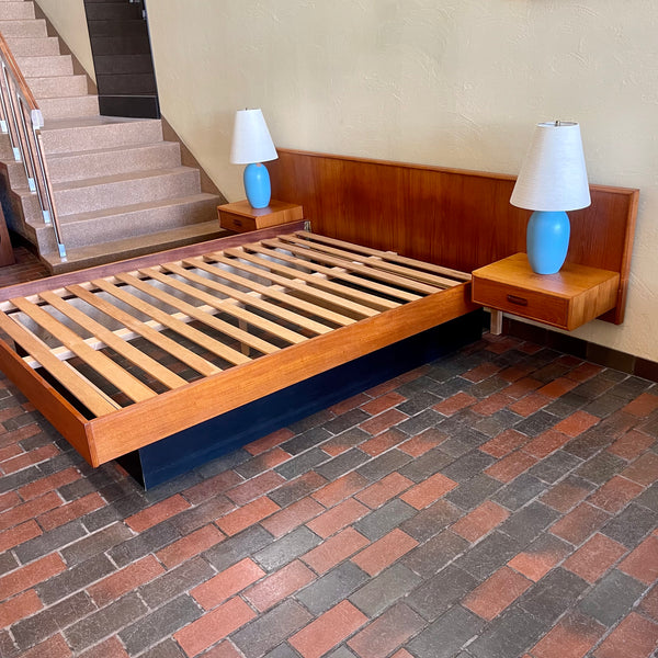 Mid-Century Teak Queen Size Platform Bed + Floating Nightstands Mansfield Vintage