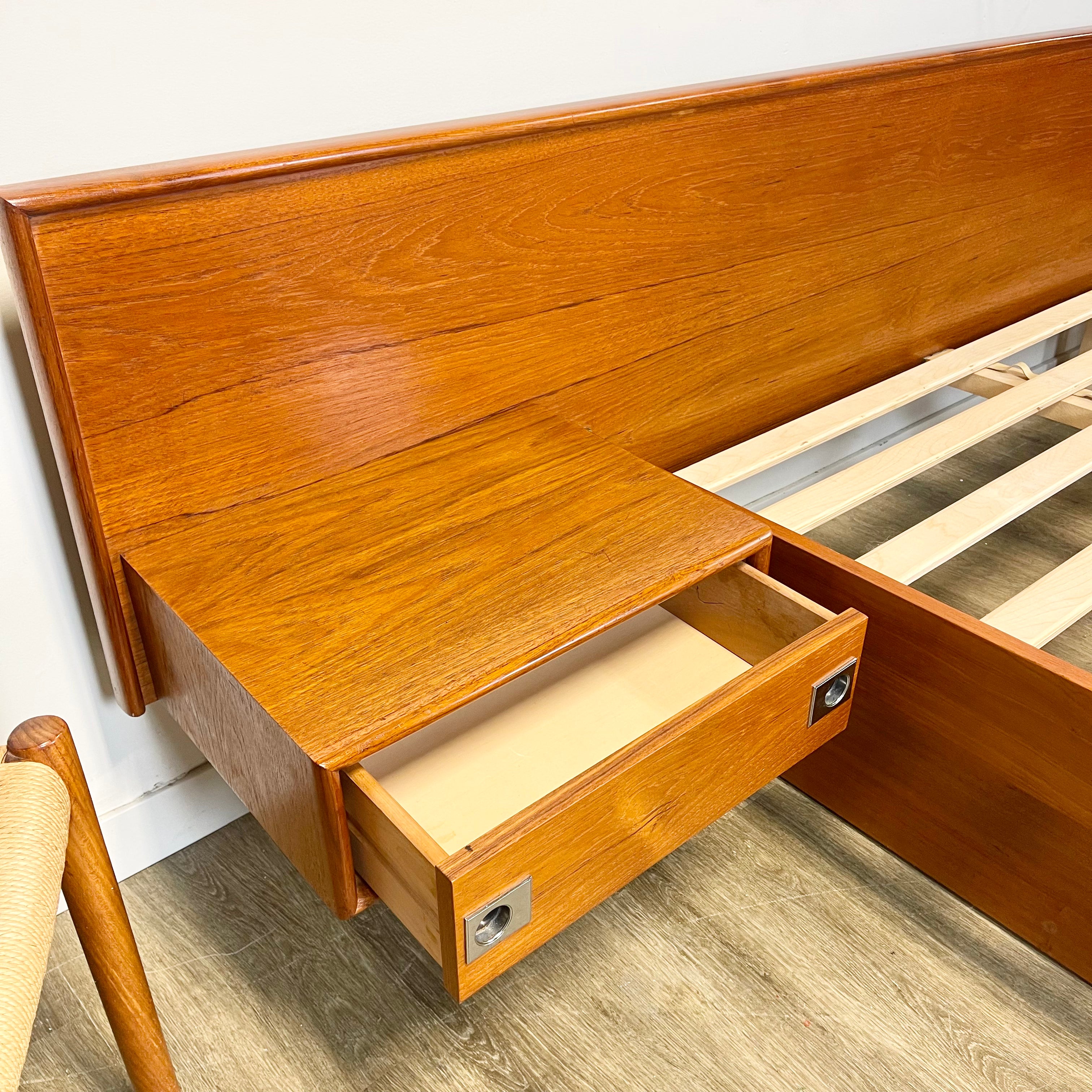 Midcentury Teak Queen Size Platform Bed + Floating Nightstands - Mr. Mansfield Vintage
