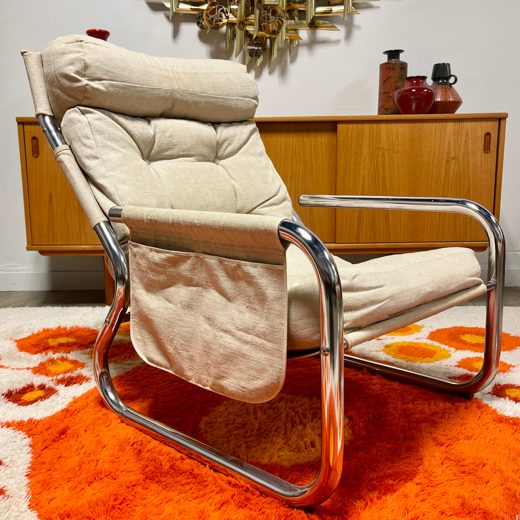 Overman Tubular Chrome  Canvas Chair + Ottoman Mr. Mansfield Vintage