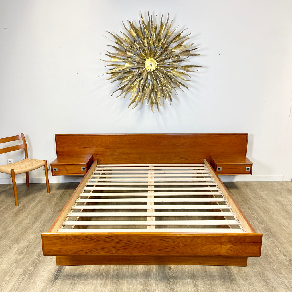 Midcentury Teak Queen Size Platform Bed + Floating Nightstands - Mr. Mansfield Vintage