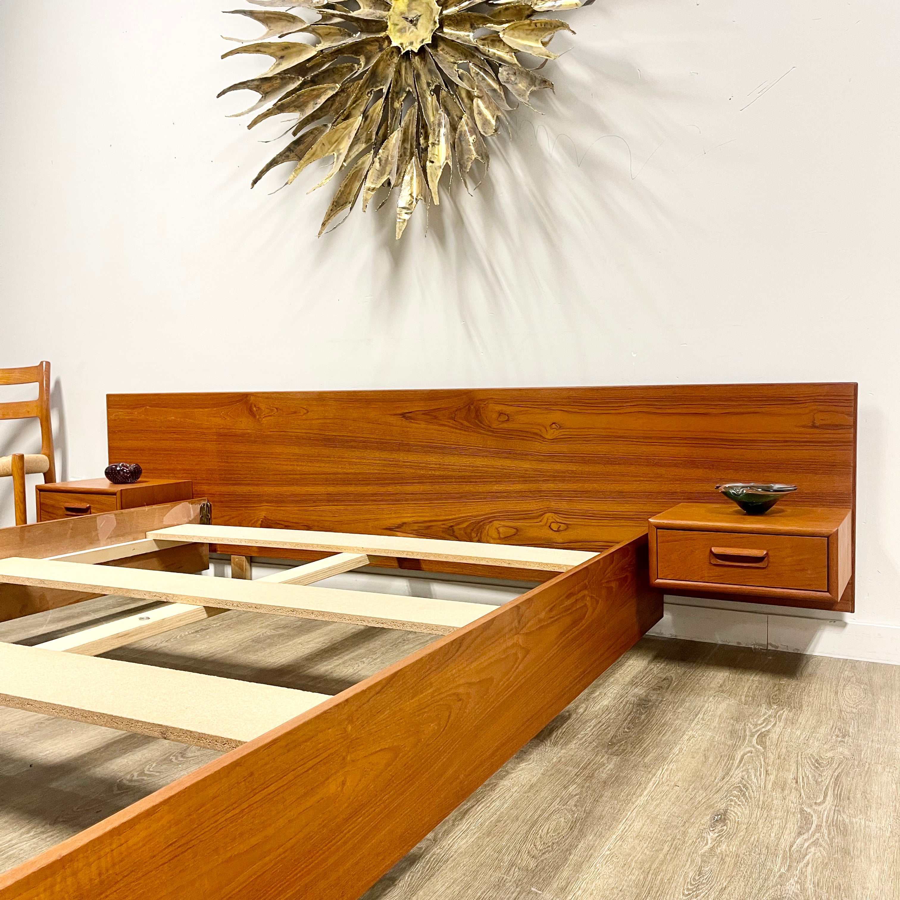 Mid-Century Teak Queen Size Bed + Floating Nightstands - Mr. Mansfield Vintage